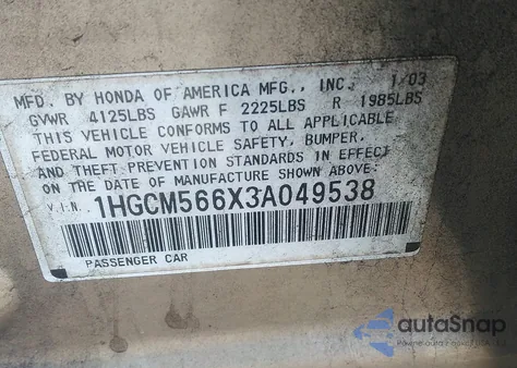 2003 Honda Accord 2.4 Ex from USA, damaged, VIN 1HGCM566X3A049538